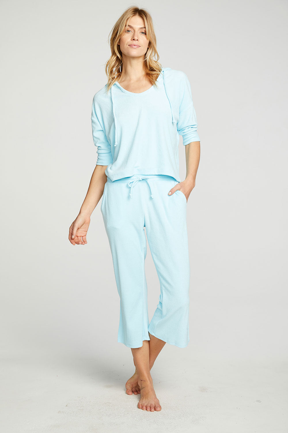 Terry Cloth Cropped 3/4 Sleeve Pullover Hoodie WOMENS - chaserbrand