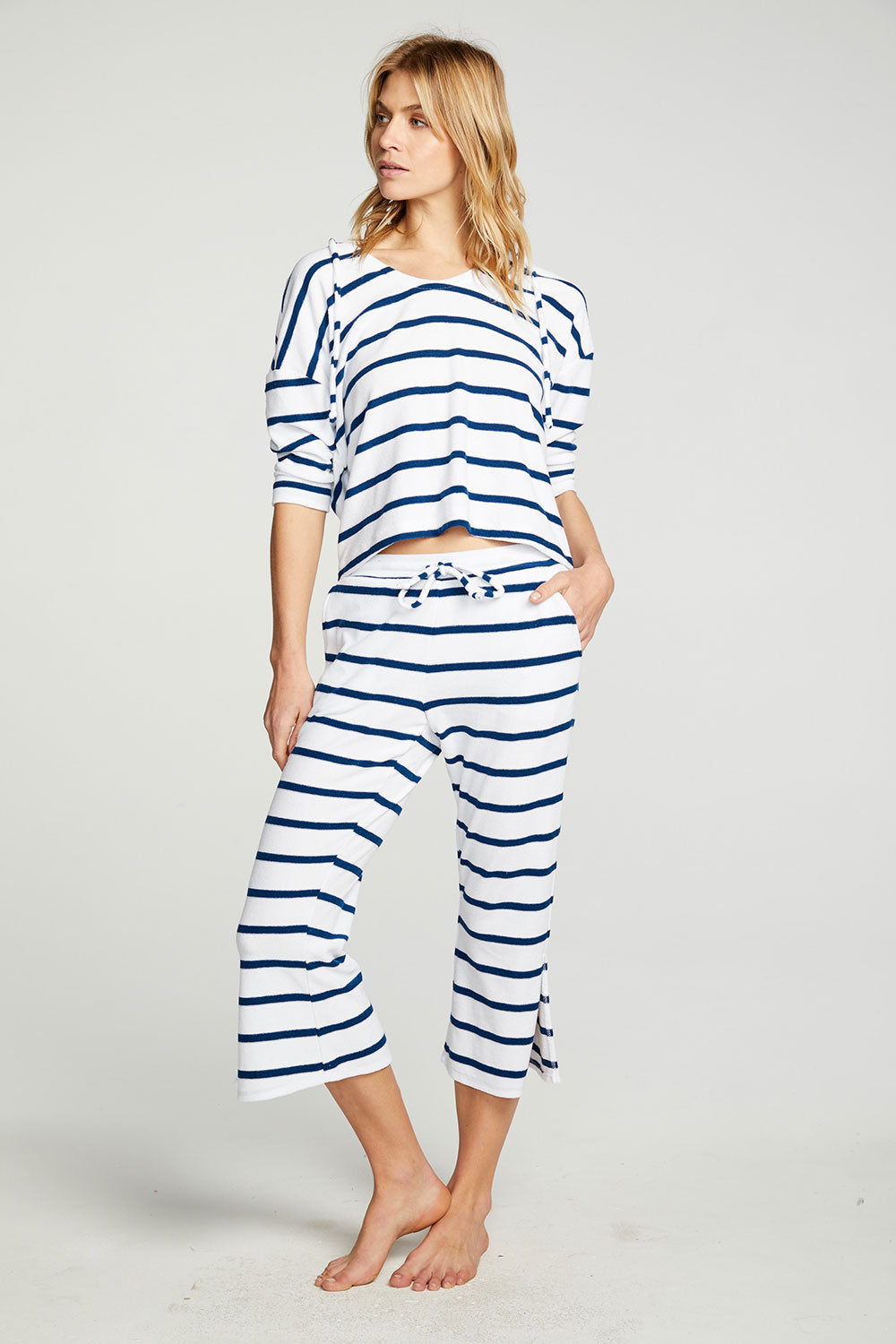 Terry Cloth Cropped 3/4 Sleeve Pullover Hoodie WOMENS - chaserbrand