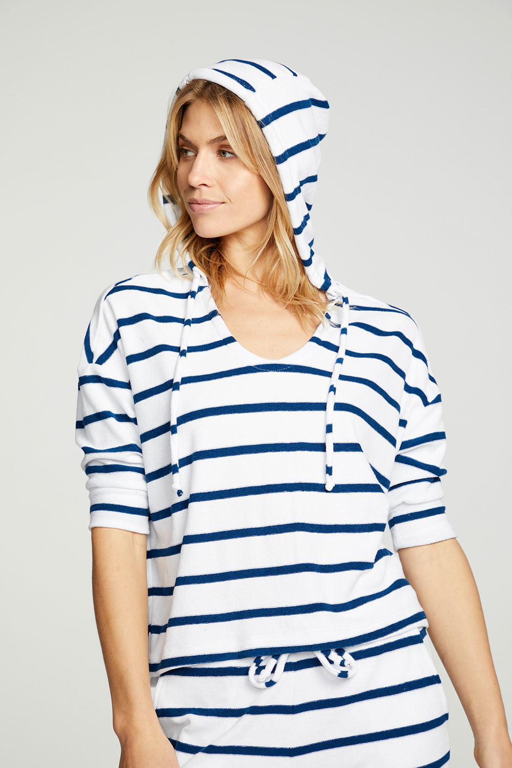 Terry Cloth Cropped 3/4 Sleeve Pullover Hoodie WOMENS - chaserbrand