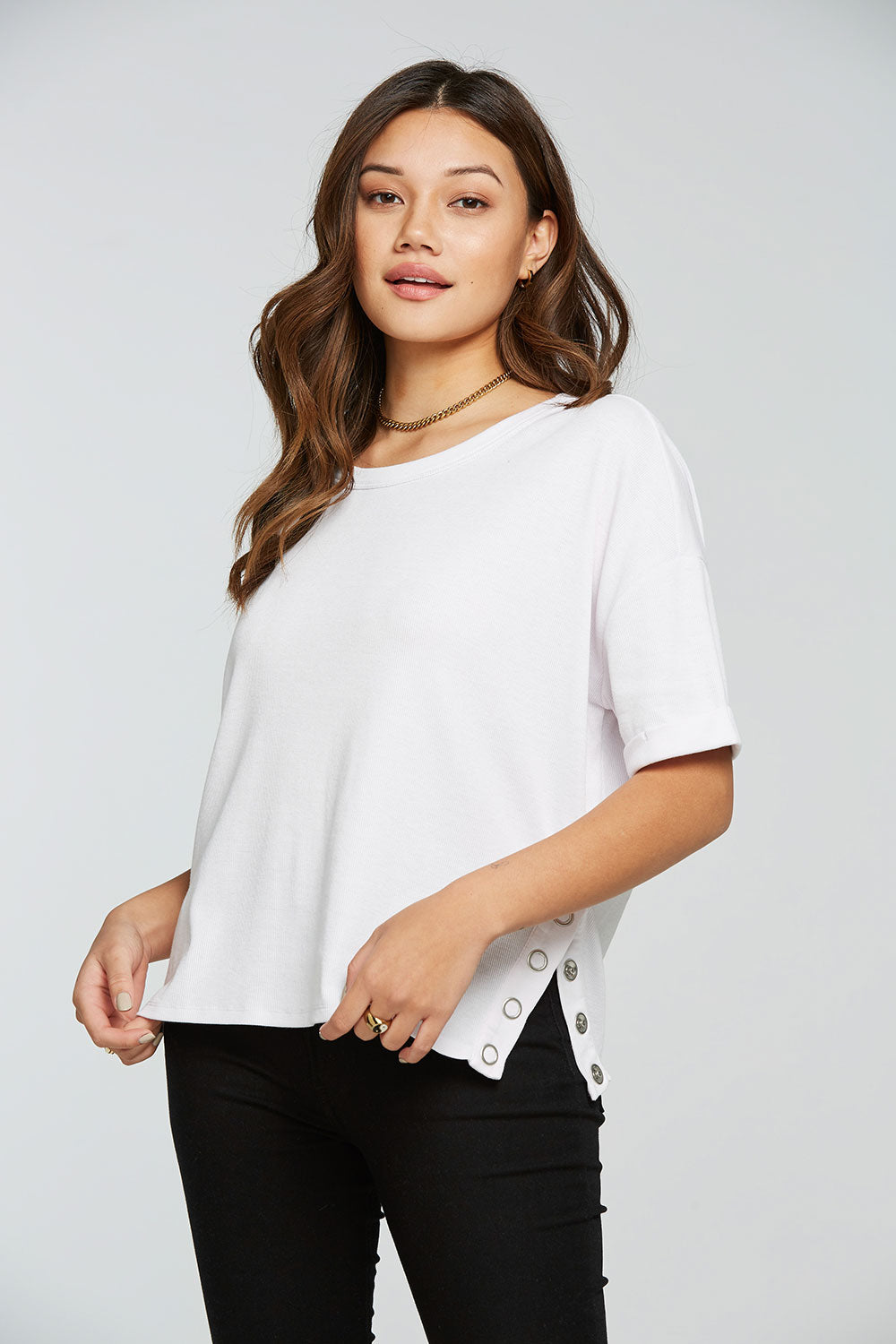 Vintage Rib Snap Side Rolled Short Sleeve Tee WOMENS - chaserbrand