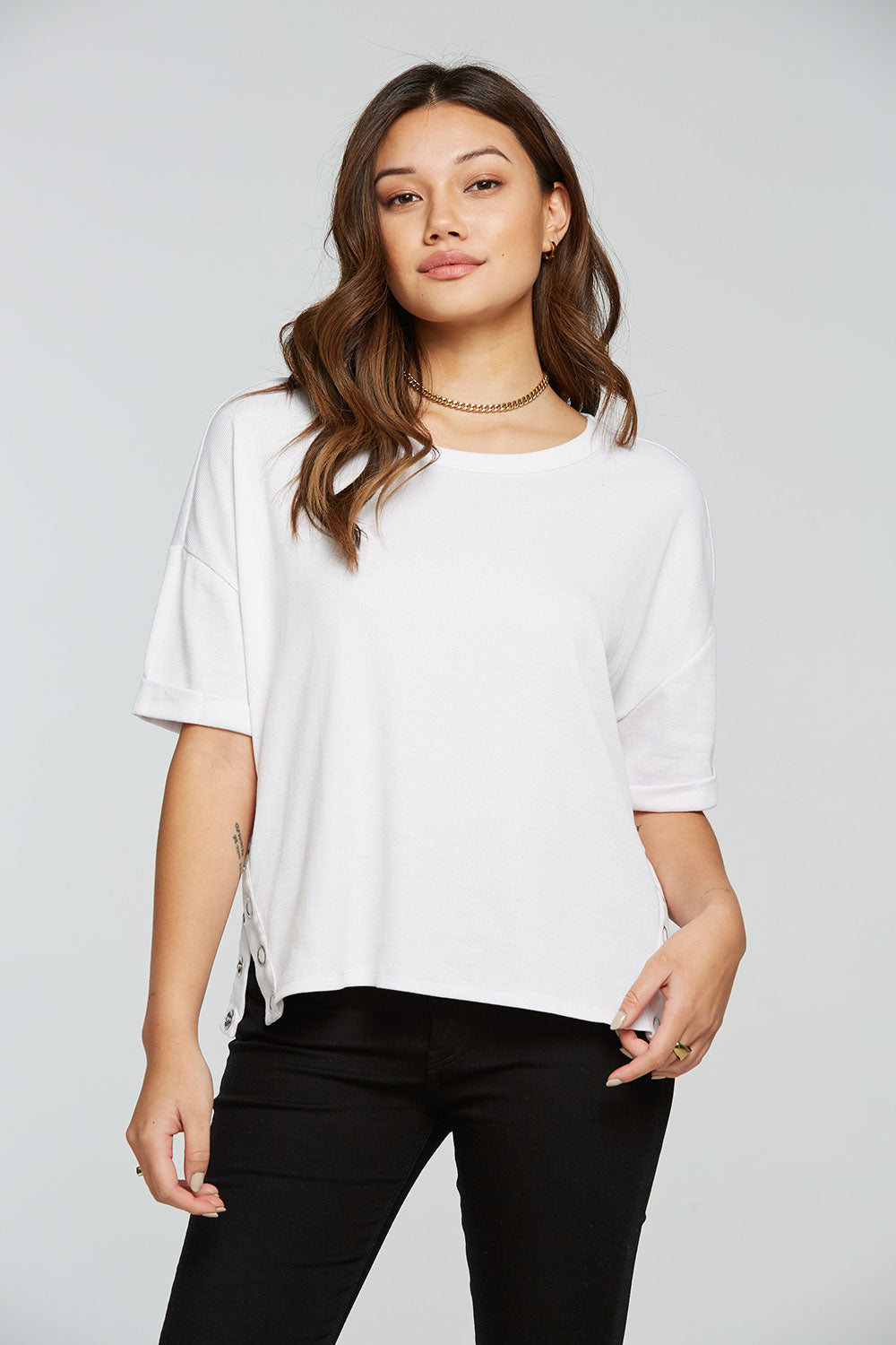 Vintage Rib Snap Side Rolled Short Sleeve Tee WOMENS - chaserbrand