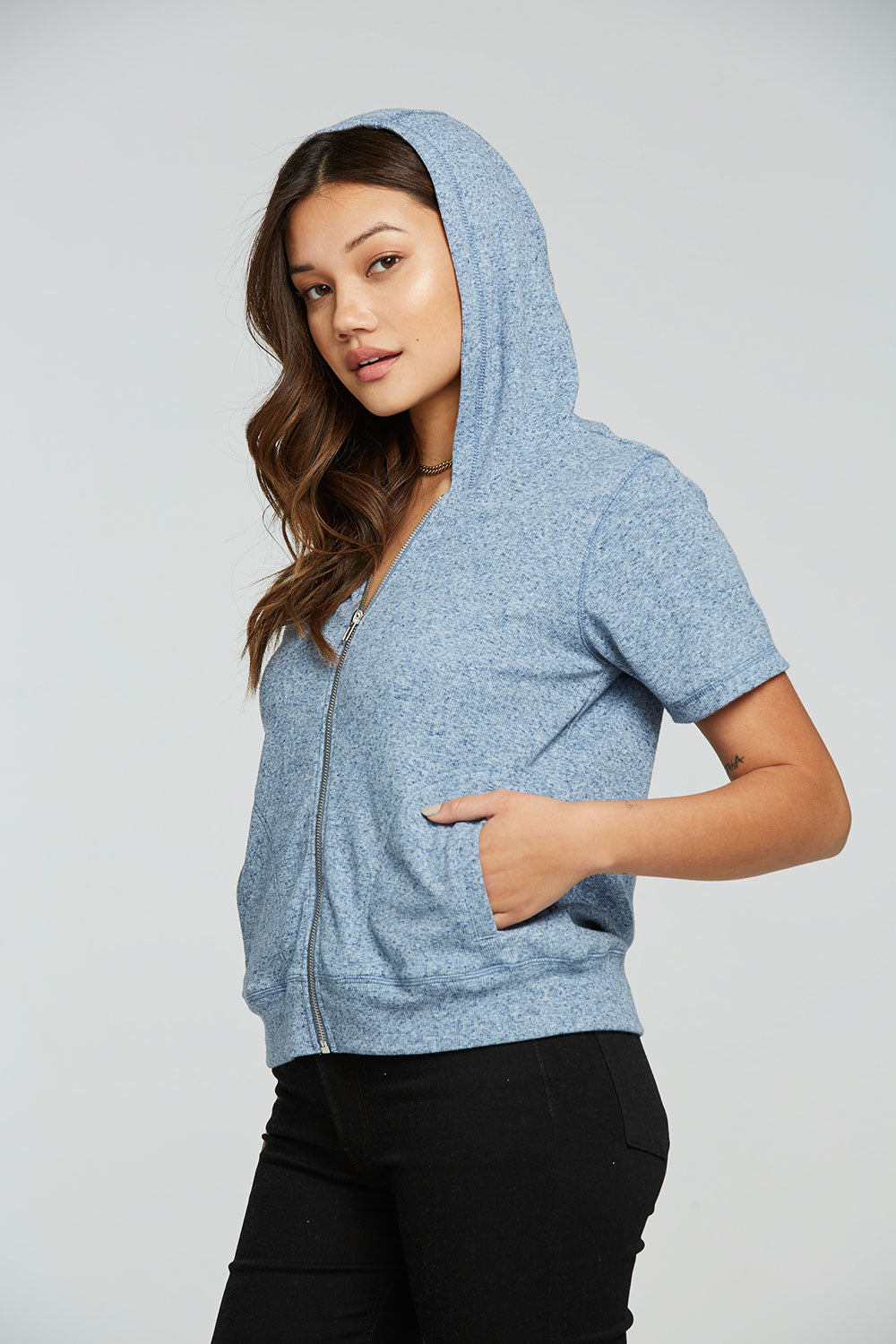 Linen Rib Short Sleeve Zip Up Hoodie WOMENS - chaserbrand