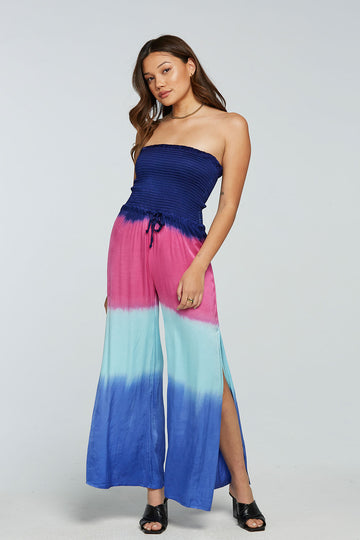 Stretch Silky Basics Smocked Strapless Side Slit Wide Leg Jumpsuit WOMENS - chaserbrand
