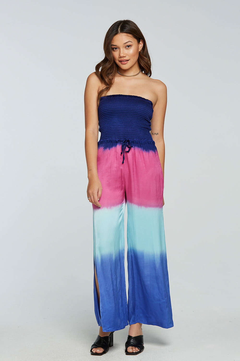 Stretch Silky Basics Smocked Strapless Side Slit Wide Leg Jumpsuit WOMENS - chaserbrand