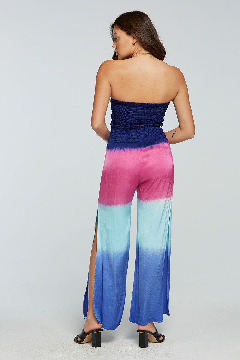 Stretch Silky Basics Smocked Strapless Side Slit Wide Leg Jumpsuit WOMENS - chaserbrand