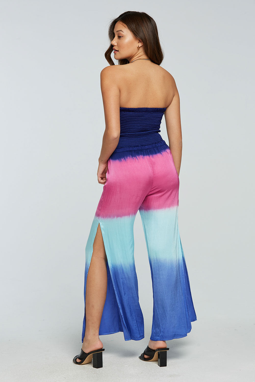 Stretch Silky Basics Smocked Strapless Side Slit Wide Leg Jumpsuit WOMENS - chaserbrand