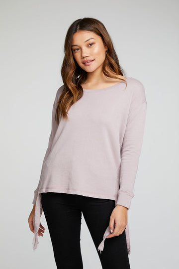 Linen French Terry Long Sleeve Drop Shoulder Side Tie Pullover WOMENS - chaserbrand
