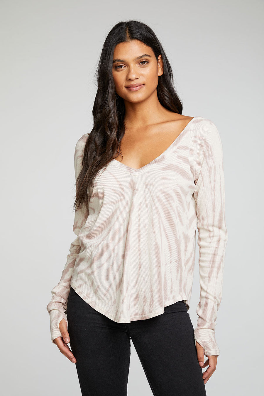 Heritage Waffle Long Sleeve Double V Neck Shirttail Tee with Thumbholes WOMENS - chaserbrand