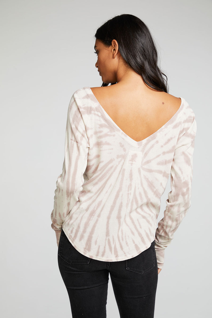 Heritage Waffle Long Sleeve Double V Neck Shirttail Tee with Thumbholes WOMENS - chaserbrand