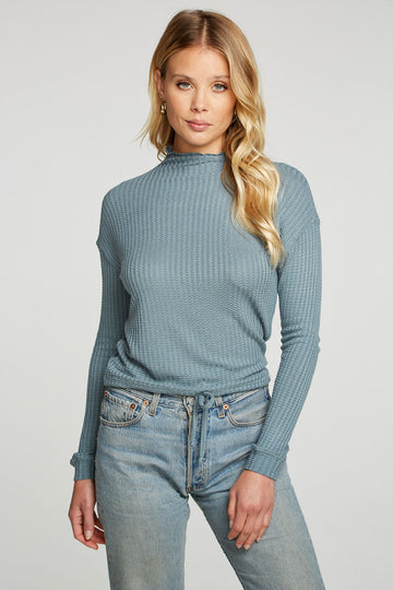 Vintage Thermal Long Sleeve Drop Shoulder Mock Neck Tie Waist Tee WOMENS - chaserbrand