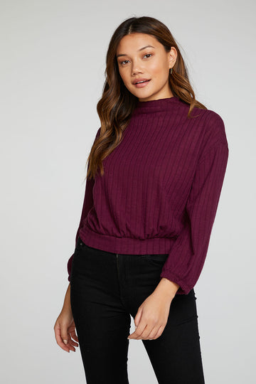 Poor Boy Rib Bishop Sleeve Drop Shoulder Mock Neck Pullover WOMENS - chaserbrand
