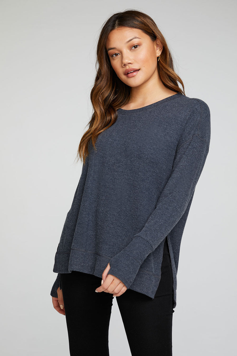 Rpet Bliss Knit Long Sleeve Hi Lo Pullover with Thumbholes WOMENS - chaserbrand