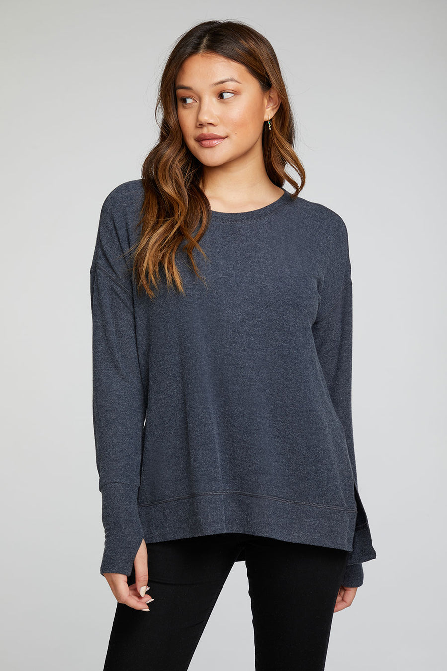 Rpet Bliss Knit Long Sleeve Hi Lo Pullover with Thumbholes WOMENS - chaserbrand