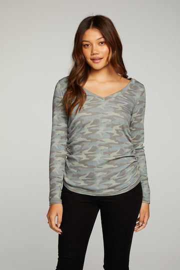 Rpet Vintage Rib Long Sleeve Deep V Neck Tee With Shirring WOMENS - chaserbrand