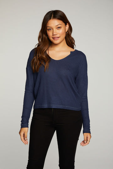Vintage Thermal Long Sleeve Split Neck Drop Shoulder Boxy Tee WOMENS - chaserbrand