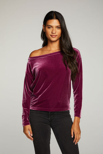 Stretch Velvet Long Sleeve Off Shoulder Dolman Pullover WOMENS - chaserbrand