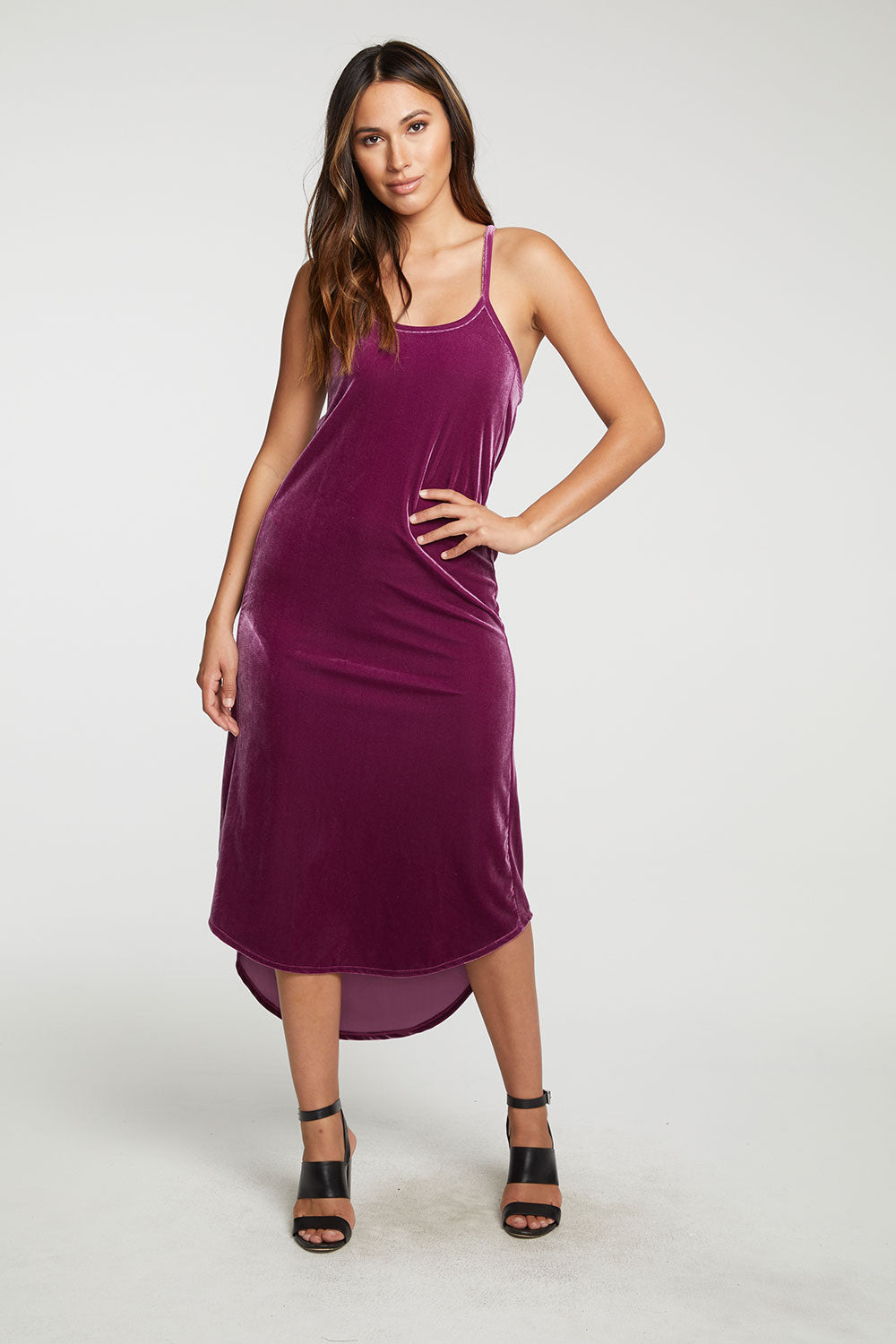 Stretch Velvet V Back Hi Lo Midi Dress WOMENS - chaserbrand