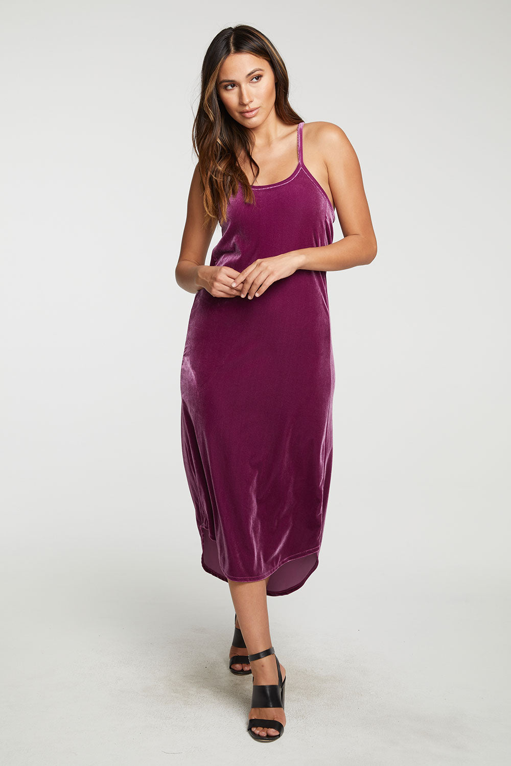 Stretch Velvet V Back Hi Lo Midi Dress WOMENS - chaserbrand