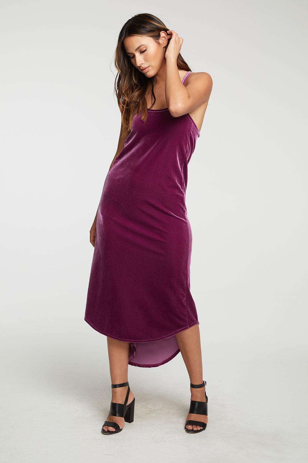 Stretch Velvet V Back Hi Lo Midi Dress WOMENS - chaserbrand