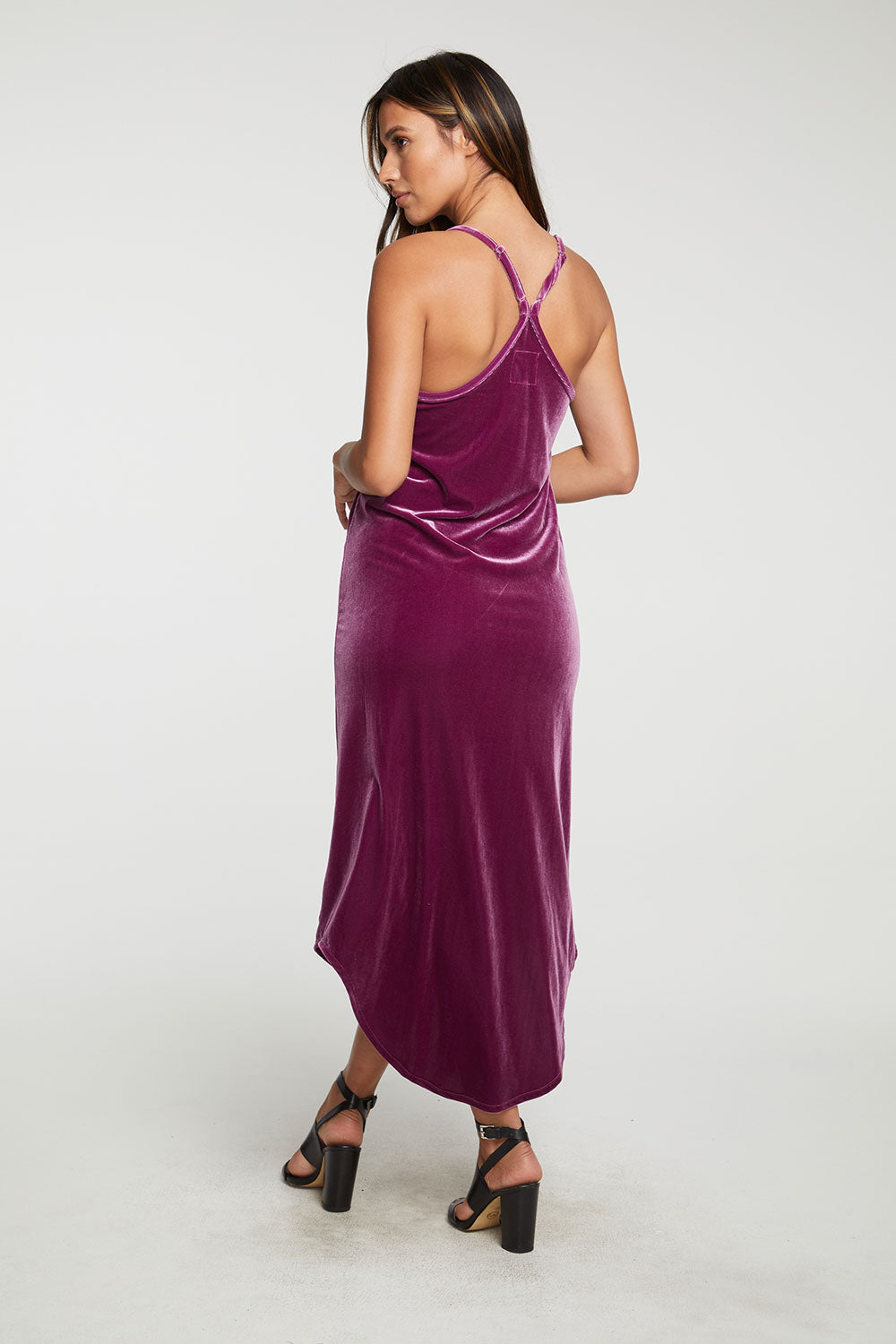 Stretch Velvet V Back Hi Lo Midi Dress WOMENS - chaserbrand
