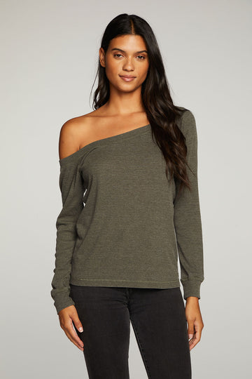 Triblend Rib Long Sleeve Off Shoulder Raglan Tee WOMENS - chaserbrand