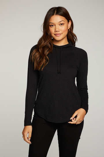 Gauze Jersey Long Sleeve Funnel Neck Shirttail Raglan Hoodie WOMENS - chaserbrand