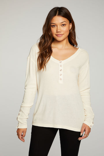 Heritage Waffle Long Sleeve Scoop Neck Henley With Snaps WOMENS - chaserbrand
