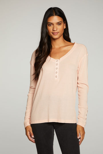 Heritage Waffle Long Sleeve Scoop Neck Henley With Snaps WOMENS - chaserbrand