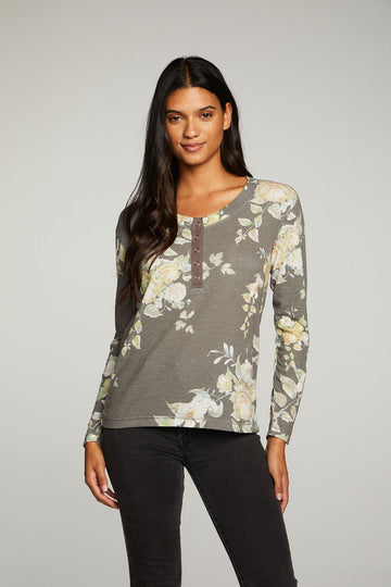 Heritage Waffle Long Sleeve Scoop Neck Henley With Snaps WOMENS - chaserbrand