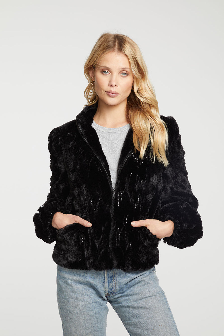 Sequin Faux Fur Puff Sleeve Zip Up Jacket WOMENS - chaserbrand