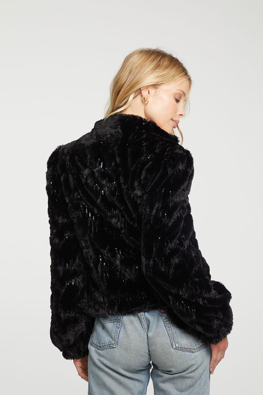 Sequin Faux Fur Puff Sleeve Zip Up Jacket WOMENS - chaserbrand
