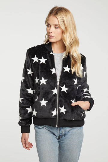 Star Faux Fur Long Sleeve Bomber Jacket WOMENS - chaserbrand