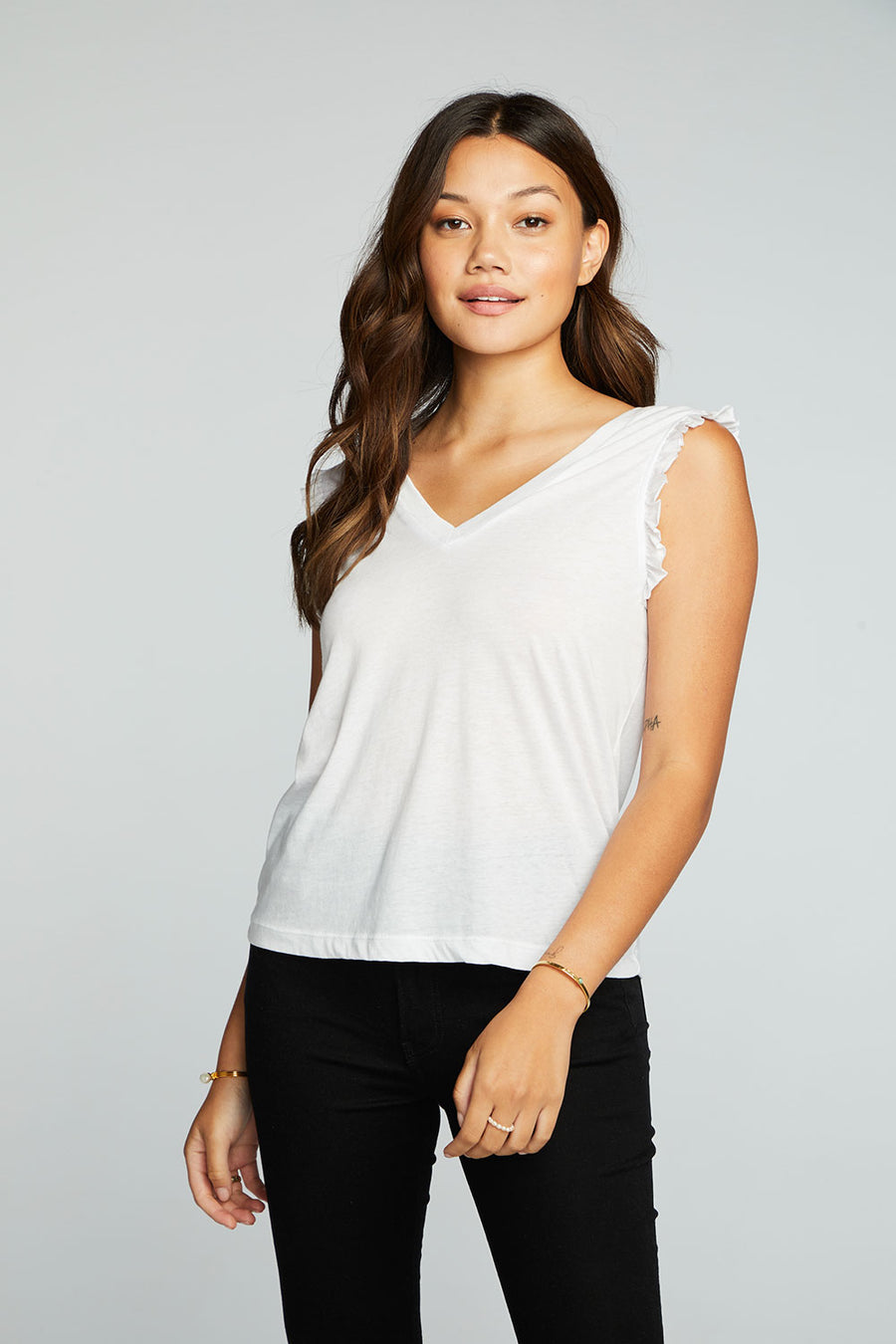 Recycled Vintage Jersey Double V Ruffle Muscle Tank WOMENS chaserbrand