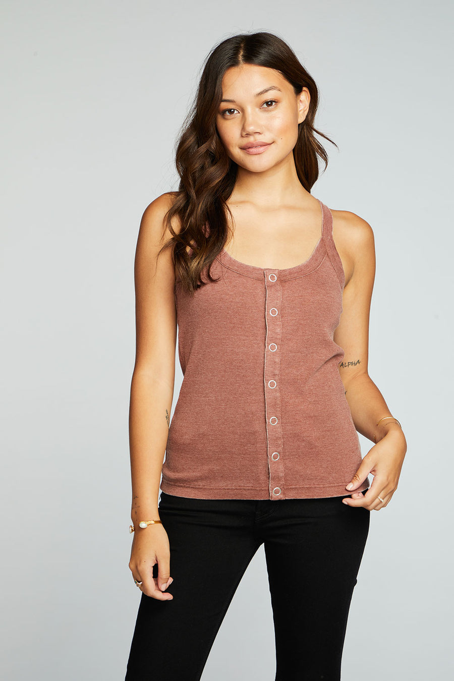 Recycled Vintage Rib Snap Front Tank WOMENS chaserbrand