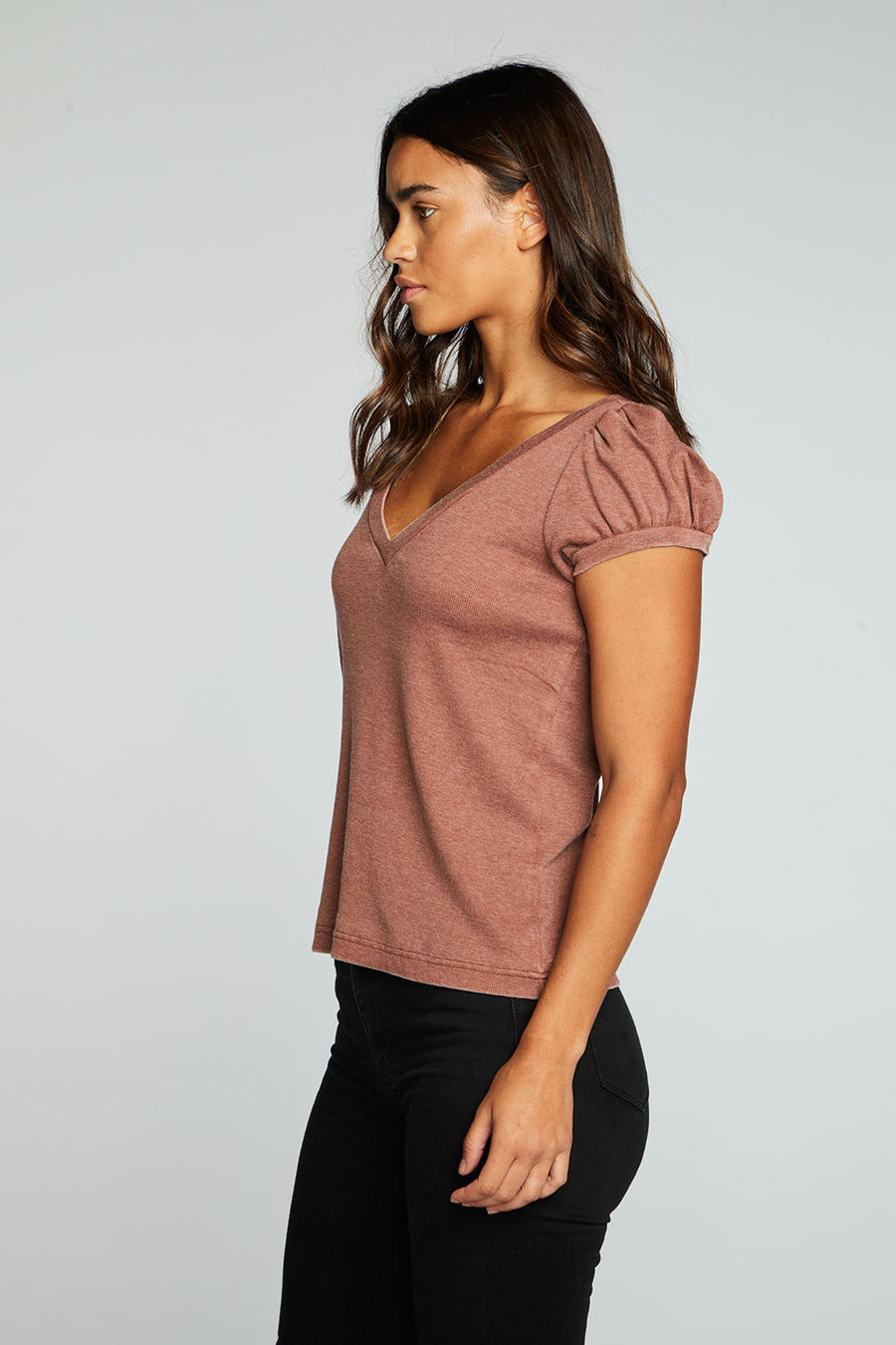 Recycled Vintage Rib Deep V Puff Sleeve Tee WOMENS chaserbrand