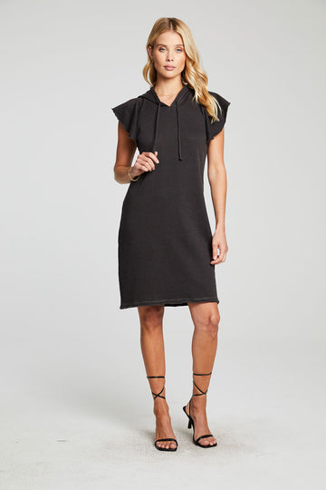 Linen French Terry Flutter Sleeve Hooded Sweatshirt Dress WOMENS chaserbrand