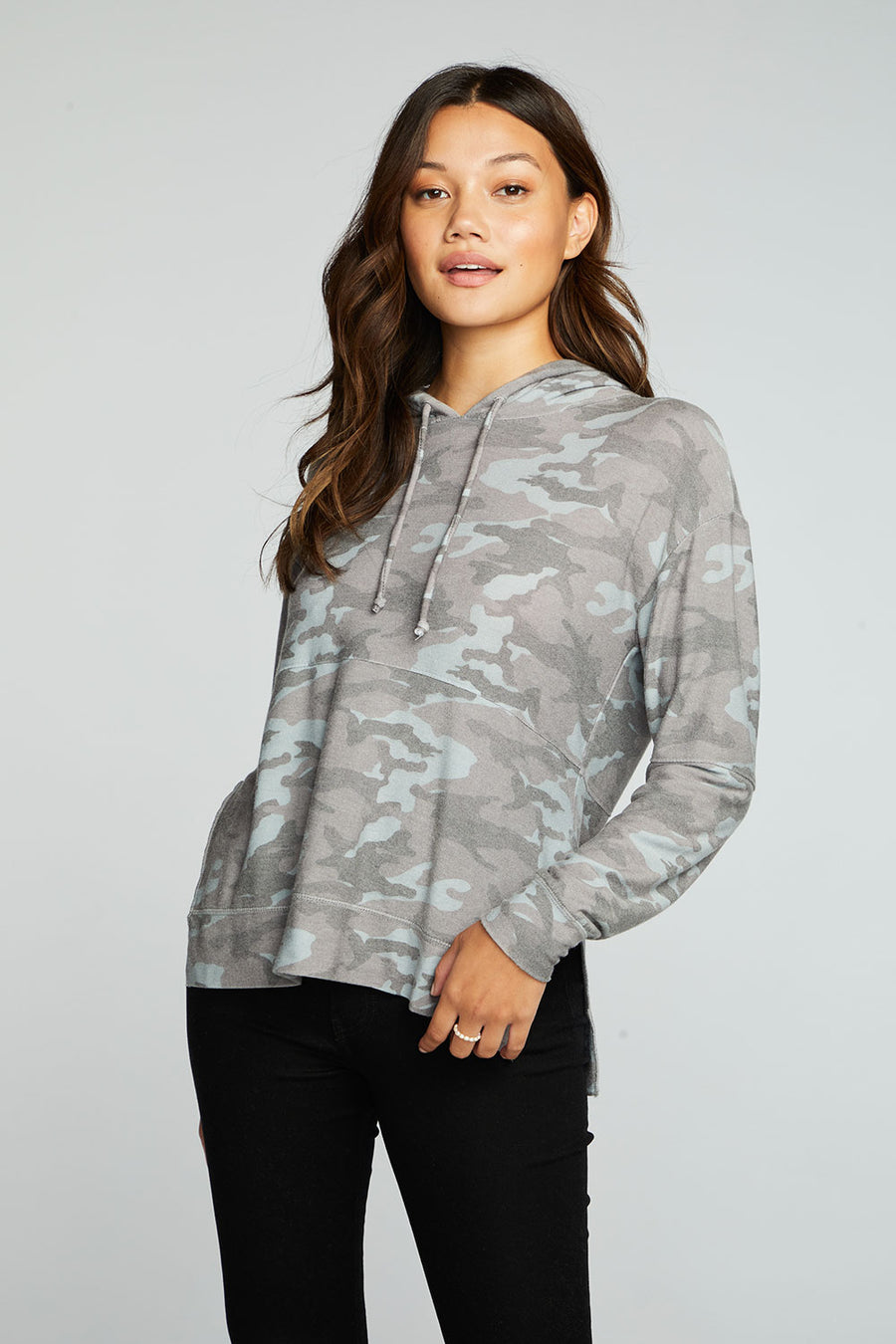 Recycled Cozy Knit Pintuck Hoodie Pullover With Side Slits WOMENS chaserbrand
