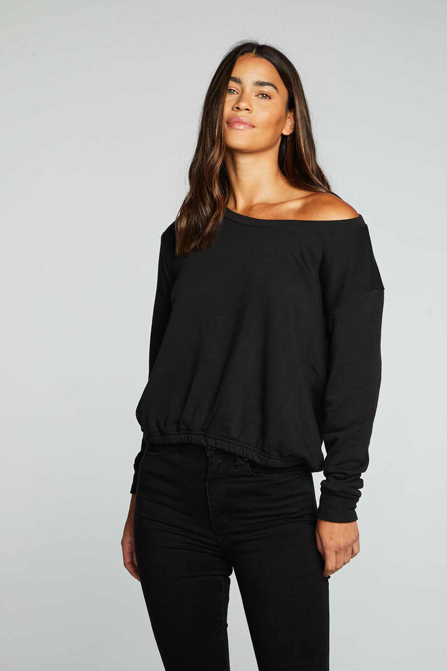 Slub French Terry Long Sleeve Pullover With Shirred Body Hem WOMENS chaserbrand