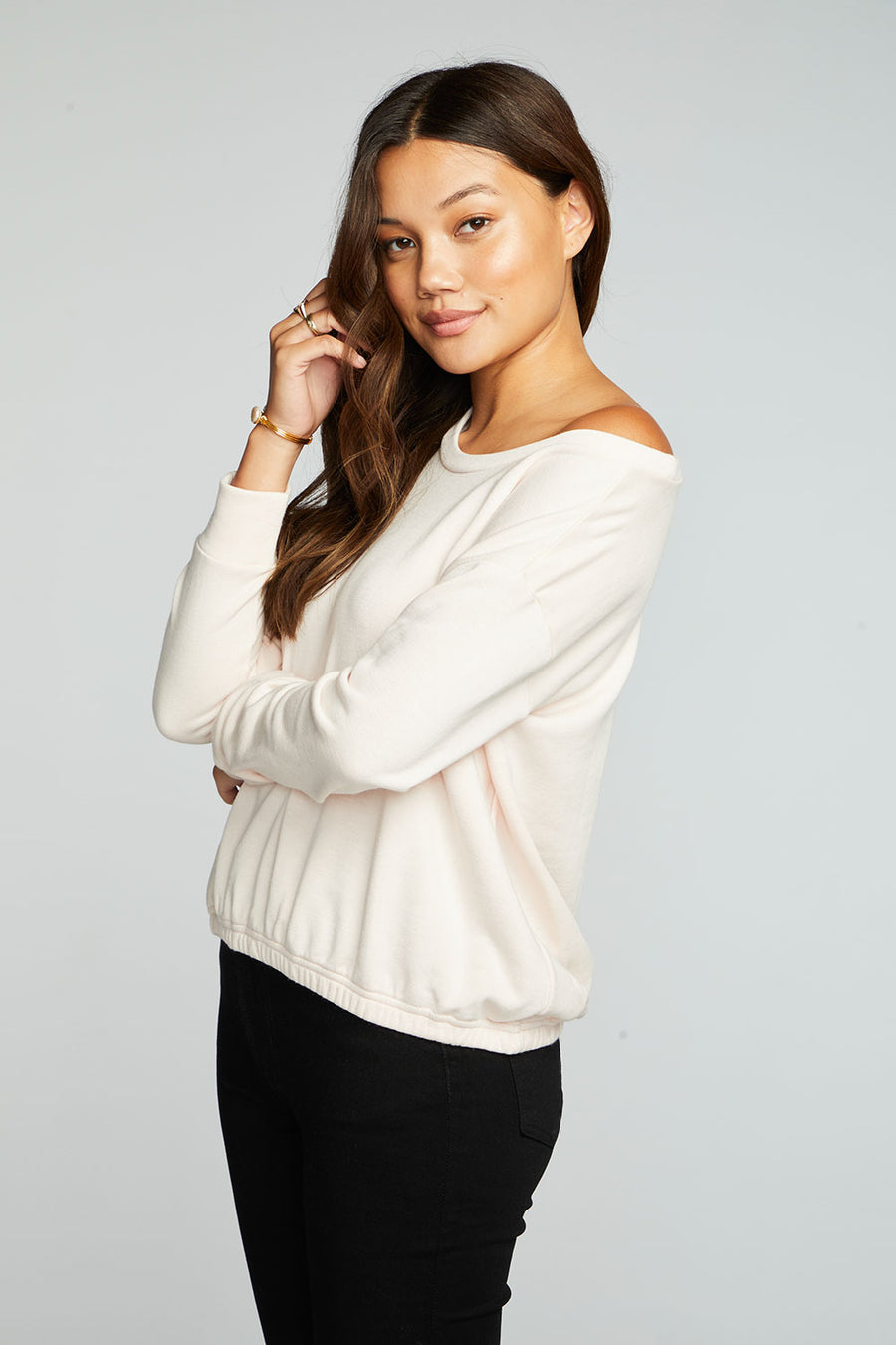 Slub French Terry Long Sleeve Pullover With Shirred Body Hem WOMENS chaserbrand
