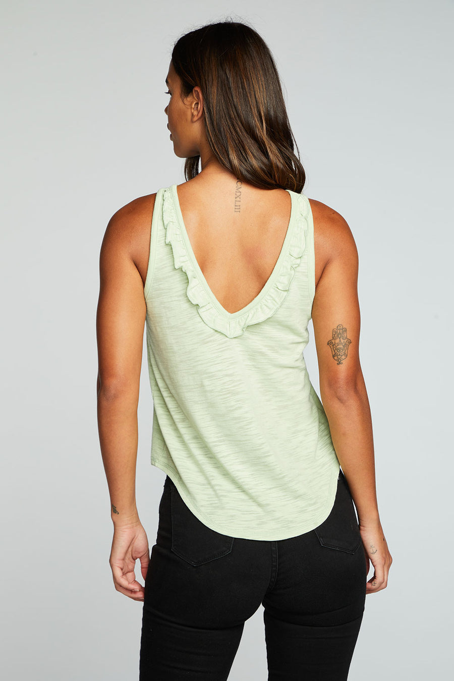 Slub Jersey Deep Ruffle V Back Shirttail Tank WOMENS chaserbrand