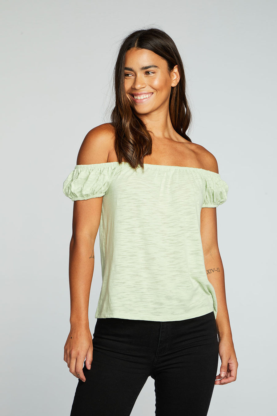 Slub Jersey Shirred Squared Neck Cap Sleeve Top WOMENS chaserbrand