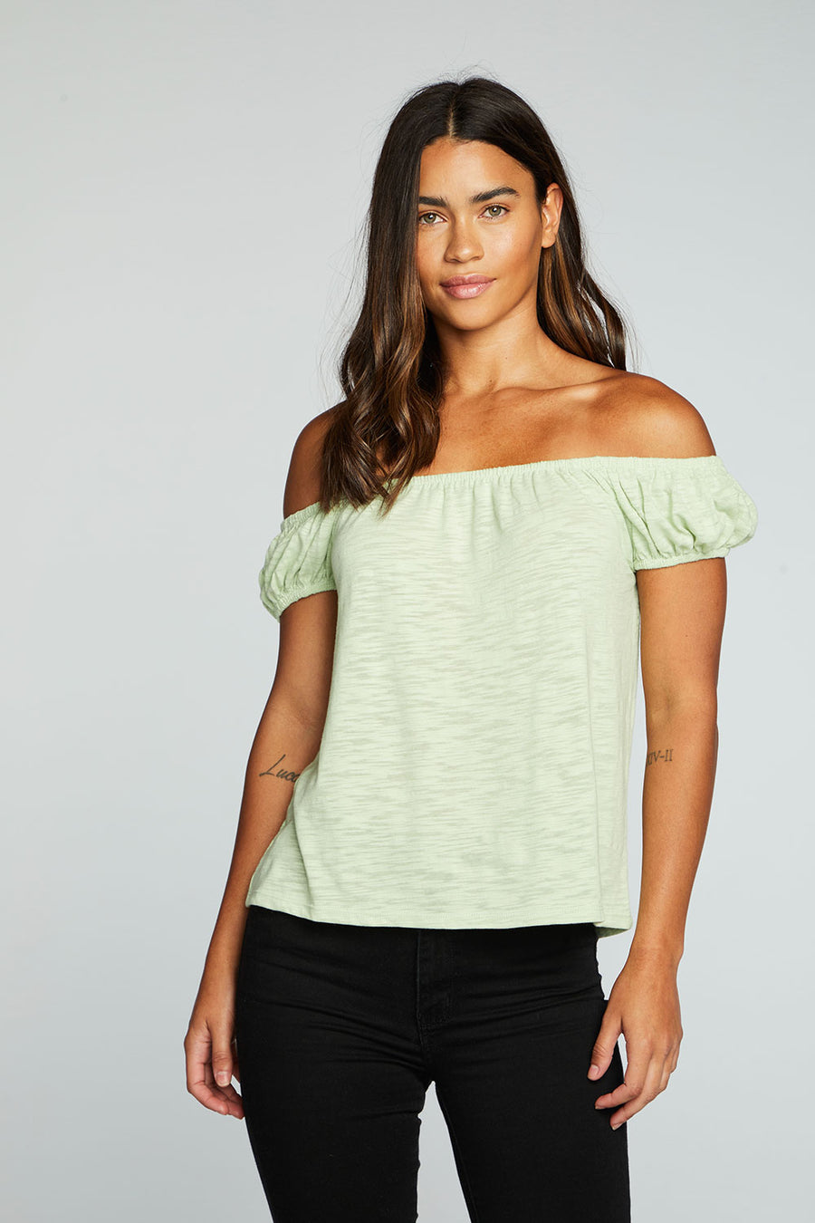 Slub Jersey Shirred Squared Neck Cap Sleeve Top WOMENS chaserbrand