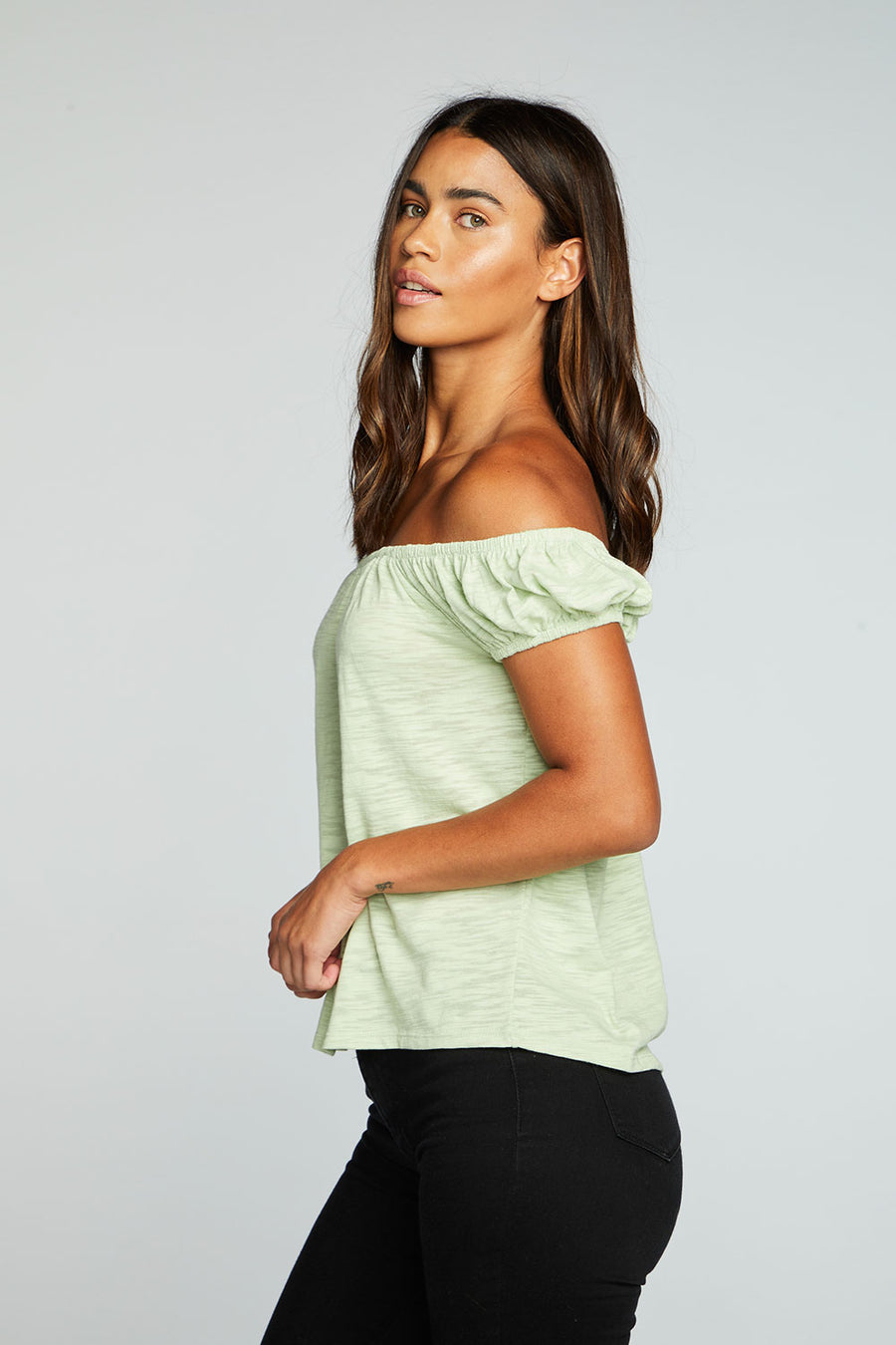 Slub Jersey Shirred Squared Neck Cap Sleeve Top WOMENS chaserbrand