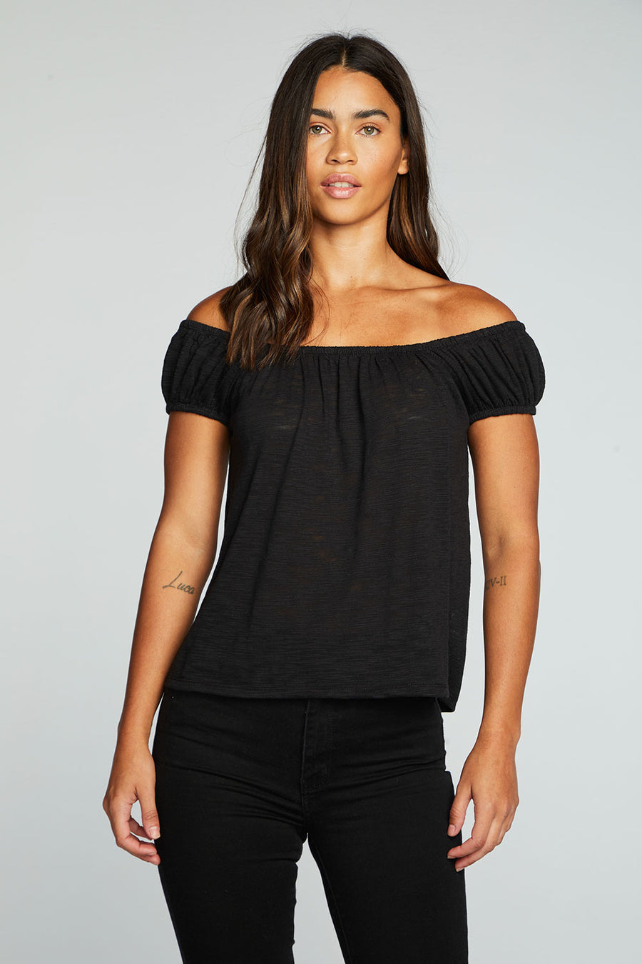 Slub Jersey Shirred Squared Neck Cap Sleeve Top WOMENS chaserbrand
