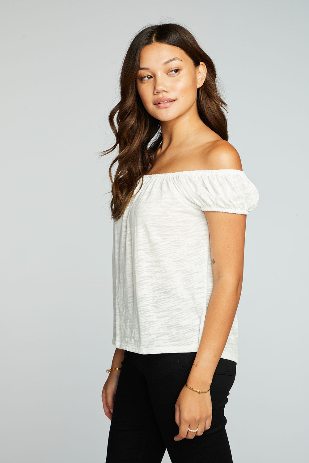 Slub Jersey Shirred Squared Neck Cap Sleeve Top WOMENS chaserbrand