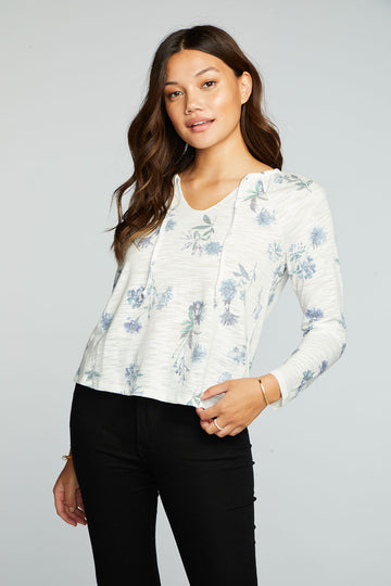 Slub Jersey Shirred Long Sleeve Split Neck Resort Top WOMENS chaserbrand