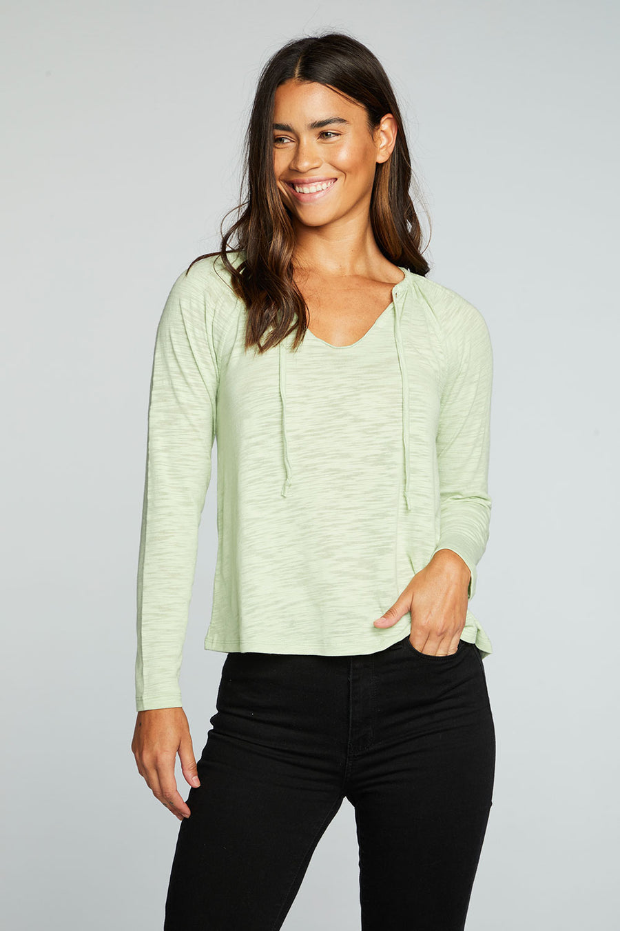 Slub Jersey Shirred Long Sleeve Split Neck Resort Top WOMENS chaserbrand