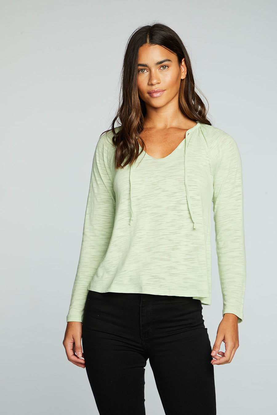Slub Jersey Shirred Long Sleeve Split Neck Resort Top WOMENS chaserbrand
