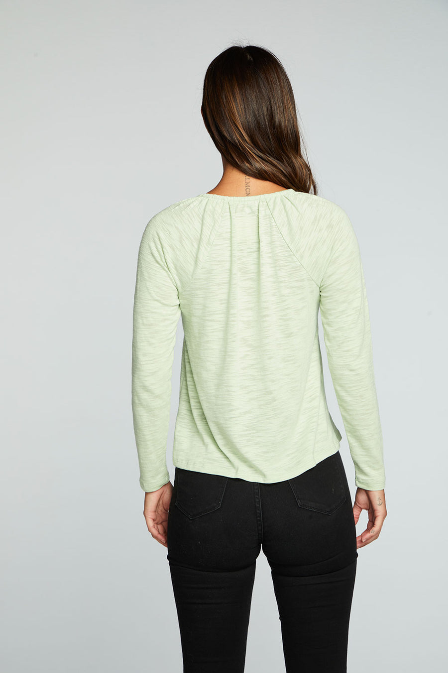 Slub Jersey Shirred Long Sleeve Split Neck Resort Top WOMENS chaserbrand