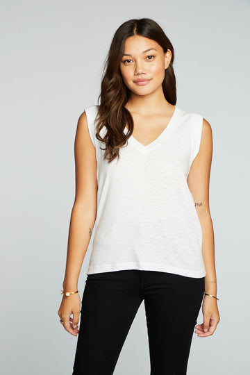 Gauze Jersey Rolled Armhole V Neck Muscle Tank WOMENS chaserbrand